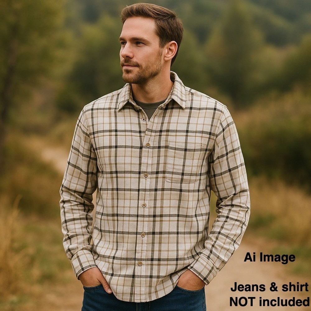 Columbia Regular Fit Plaid Flannel Shirt Beige Brown Long Sleeve Button Front M